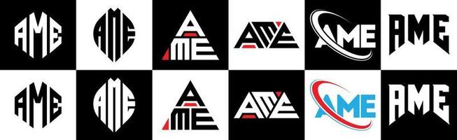 ame brief logo ontwerp in zes stijl. ame veelhoek, cirkel, driehoek, zeshoek, vlak en gemakkelijk stijl met zwart en wit kleur variatie brief logo reeks in een tekengebied. ame minimalistische en klassiek logo vector