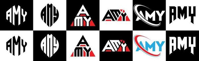 amy brief logo ontwerp in zes stijl. amy veelhoek, cirkel, driehoek, zeshoek, vlak en gemakkelijk stijl met zwart en wit kleur variatie brief logo reeks in een tekengebied. amy minimalistische en klassiek logo vector