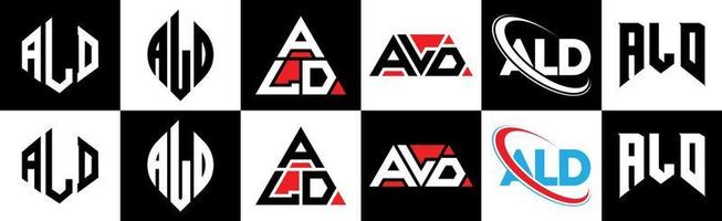 ald brief logo ontwerp in zes stijl. ald veelhoek, cirkel, driehoek, zeshoek, vlak en gemakkelijk stijl met zwart en wit kleur variatie brief logo reeks in een tekengebied. ald minimalistische en klassiek logo vector