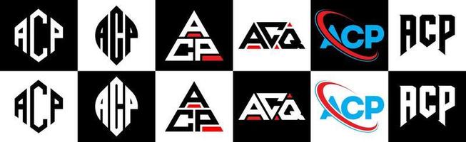 acp brief logo ontwerp in zes stijl. acp veelhoek, cirkel, driehoek, zeshoek, vlak en gemakkelijk stijl met zwart en wit kleur variatie brief logo reeks in een tekengebied. acp minimalistische en klassiek logo vector