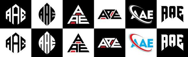 aae brief logo ontwerp in zes stijl. aae veelhoek, cirkel, driehoek, zeshoek, vlak en gemakkelijk stijl met zwart en wit kleur variatie brief logo reeks in een tekengebied. aae minimalistische en klassiek logo vector