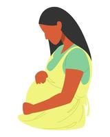 Afrikaanse Amerikaans vrouw is zwanger. vrouw Holding haar buik kant visie. concept van Gezondheid, baby, zwangerschap, vrouw thema. vector illustratie. vlak stijl.