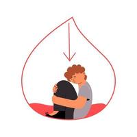 de kind lijdt van hypoglykemie. de jongen zit in een laten vallen van bloed met een laag bloed graaf. concept van prediabetes. vector illustratie in vlak stijl