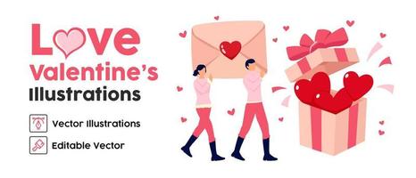paar van Mens met vrouw geven verrassing. hart vorm liefde symbool. ontwerp voor romantisch Valentijnsdag dag. vector