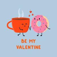 schattig kop van thee en donut vallend in liefde. liefde en Valentijnsdag dag concept. worden mijn valentijn. illustratie geïsoleerd Aan blauw achtergrond. vector