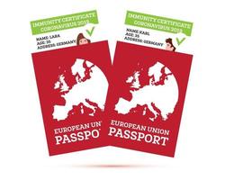 Europese unie paspoort met een coronavirus immuniteit certificaat. vector