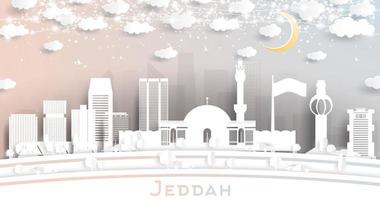 jeddah saudi Arabië stad horizon in papier besnoeiing stijl met sneeuwvlokken, maan en neon guirlande. vector