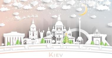 kiev Oekraïne stad horizon in papier besnoeiing stijl met sneeuwvlokken, maan en neon guirlande. vector