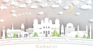 karachi Pakistan stad horizon in papier besnoeiing stijl met sneeuwvlokken, maan en neon guirlande. vector