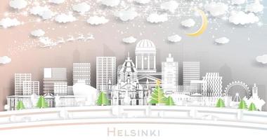 Helsinki Finland stad horizon in papier besnoeiing stijl met sneeuwvlokken, maan en neon guirlande. vector