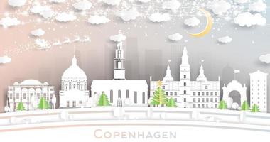 Kopenhagen Denemarken stad horizon in papier besnoeiing stijl met sneeuwvlokken, maan en neon guirlande. vector