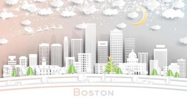 Boston Massachusetts Verenigde Staten van Amerika stad horizon in papier besnoeiing stijl met sneeuwvlokken, maan en neon guirlande. vector