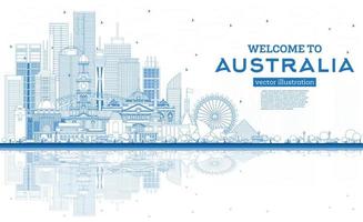 schets Welkom naar Australië horizon met blauw gebouwen en reflecties. vector
