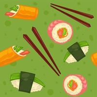 Aziatisch voedsel, broodjes en sushi onigiri patroon afdrukken vector
