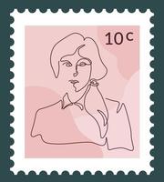 beroemd mensen poststempel, vrouw portret lijn kunst vector