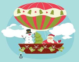 Kerstmis heet lucht ballon, de kerstman claus en sneeuwman vector