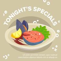 vanavond speciale aanbiedingen, mosselen met Zalm steak schotel vector