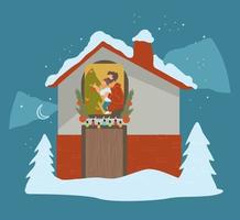 huis met besneeuwd dak, Kerstmis viering vector
