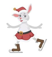 konijn karakter in de kerstman claus hoed ijs het schaatsen vector