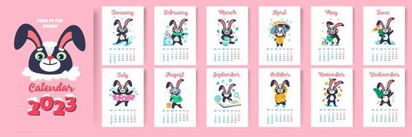 kalender voor 2023, jaar van konijn, maanden en dagen vector