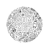 zomertijd symbolen tekening cirkel samenstelling en belettering. divers vakantie voorwerpen, tekenfilm afbeeldingen, zomer toevlucht thema. hand- getrokken kleur elementen, sociaal media stickers, enz vector