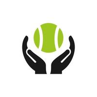 tennis hand- logo ontwerp. tennis bal logo met hand- concept vector. hand- en tennis bal logo ontwerp vector