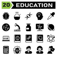 onderwijs icoon reeks omvatten brein, verstand, neuron, intelligentie, wetenschap, glaswerk, beker, laboratorium, opleiding, genetisch, gen, hoofd, androïde, robot, idee, druppelaar, pipet wetenschap, bacterie vector