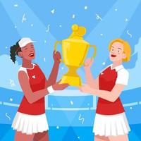 twee vrouw tennis atleet Holding hun winnend trofee voor nationaal meisjes en Dames in sport viering vector