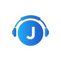 brief j muziek- logo ontwerp. dj muziek- en podcast logo ontwerp koptelefoon concept vector