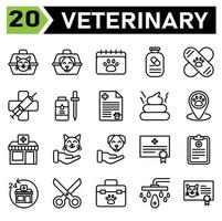 veterinair icoon reeks omvatten vervoerder, dierenarts, huisdier, doos, kat, hond, kalender, afspraak, veterinair, schema, medicatie, supplement, vitamine, vaccin, gebandeerd, kliniek, dokter, spuit, virus, vluchten vector