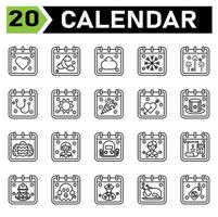 kalender evenement icoon reeks omvatten liefde, haard, kalender, datum, evenement, Islam, maan, wolk, het weer, sneeuw, vlok, vuurwerk, partij, stethoscoop, dokter, medisch, zon, dag, nieuw jaar, verjaardag, Valentijn vector