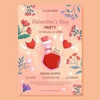 Valentijnsdag dag partij poster sjabloon ontwerp. liefde toverdrank fles twee hart met Vleugels demon en engel, bloem kader Aan beige rug. evenement uitnodiging voor club vector