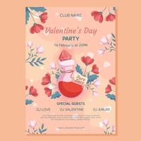 Valentijnsdag dag partij poster sjabloon ontwerp. liefde toverdrank fles concept illustratie met rood en roze bloemen achter het. evenement uitnodiging voor club, decoratief wolken, harten en bloemen kader in de omgeving van vector