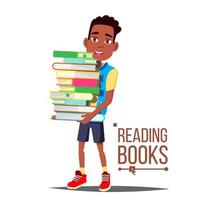 kinderen lezing boeken vector. arfo Amerikaans jongen met groot stack van boeken. onderwijs. zwart. kind bibliotheek concept. geïsoleerd vlak tekenfilm illustratie vector