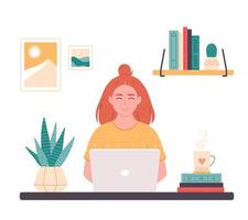 vrouw werken met computer. huis kantoor, freelance, afgelegen werken, programmeren, klant onderhoud, online carrière. vector