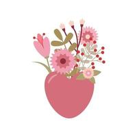 schattig boeket van bloemen en groot roze hart. romantisch Valentijnsdag dag kaart. verklaring van liefde. groet kaart, ansichtkaart, poster. decoratief element van vakantie Aan februari 14. vector illustratie