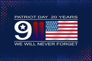 patriot dag, september 11 vector illustratie met de vlag van de Verenigde staten gevlogen Bij half personeel, 911 tweeling torens kunst Aan zwart achtergrond
