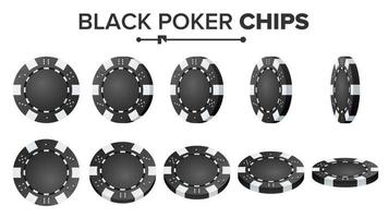 zwart poker chips vector. realistisch set. plastic ronde poker spel chips teken geïsoleerd Aan wit. omdraaien verschillend hoeken. groot winnen, succes concept illustratie. vector