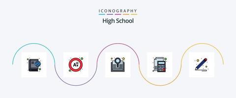 hoog school- lijn gevulde vlak 5 icoon pak inclusief school- benodigdheden. papier. ontdekken. wiskunde. rekenmachine vector