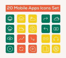 20 essentieel mobiel apps icoon set, weer icoon set, Speel knop, downloaden knop, pijl sleutel icoon, zon symbool, wolk, vally bal donder pro icoon vector