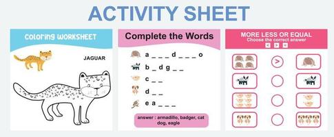 leerzaam afdrukbare werkblad. werkzaamheid vel voor kinderen met dier thema. kleur vel, compleet de woorden, meer of minder werkzaamheid. vector het dossier.