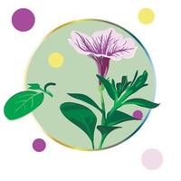 Purper petunia bloem ingelijst in een groen cirkel Aan een wit achtergrond met kleurrijk polka stippen. groen bladeren, knoppen, Purper en roze bloemen. realistisch vector illustratie. vintage.