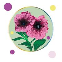 Purper petunia bloem ingelijst in een groen cirkel Aan een wit achtergrond met kleurrijk polka stippen. groen bladeren, knoppen, Purper en roze bloemen. realistisch vector illustratie. vintage.