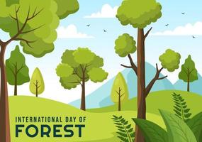 wereld bosbouw dag Aan maart 21e illustratie naar onderwijzen, liefde en beschermen de Woud in vlak tekenfilm hand- getrokken landen bladzijde Sjablonen vector