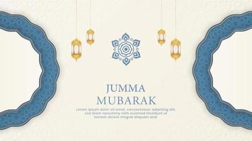 jumma mubarak Islamitisch Arabisch wit luxe achtergrond met meetkundig patroon en mooi ornament met lantaarns vector