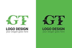 ecologie gt brieven logo met groen blad. gt brieven eco logo met blad. vector lettertype voor natuur affiches, eco vriendelijk embleem, veganistisch identiteit, kruiden en botanisch kaarten enz.