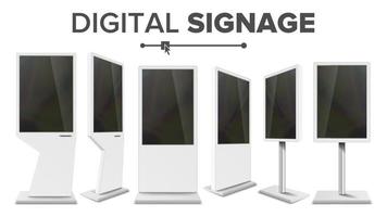 digitaal bewegwijzering tintje kiosk reeks vector. Scherm monitor. multimedia stellage. lcd hoog definitie digitaal bewegwijzering. voor restaurants reclame projecten. geïsoleerd illustratie vector