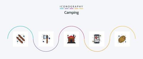 camping lijn gevulde vlak 5 icoon pak inclusief . para koord. houten. knoop. mobiel vector