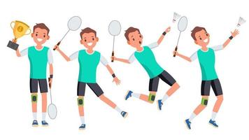badminton mannetje speler vector. spelen in verschillend poseert. Mens atleet. geïsoleerd Aan wit tekenfilm karakter illustratie vector
