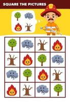 onderwijs spel voor kinderen helpen schattig tekenfilm brandweerman plein de correct boom rook brand hout reeks afbeelding afdrukbare natuur werkblad vector